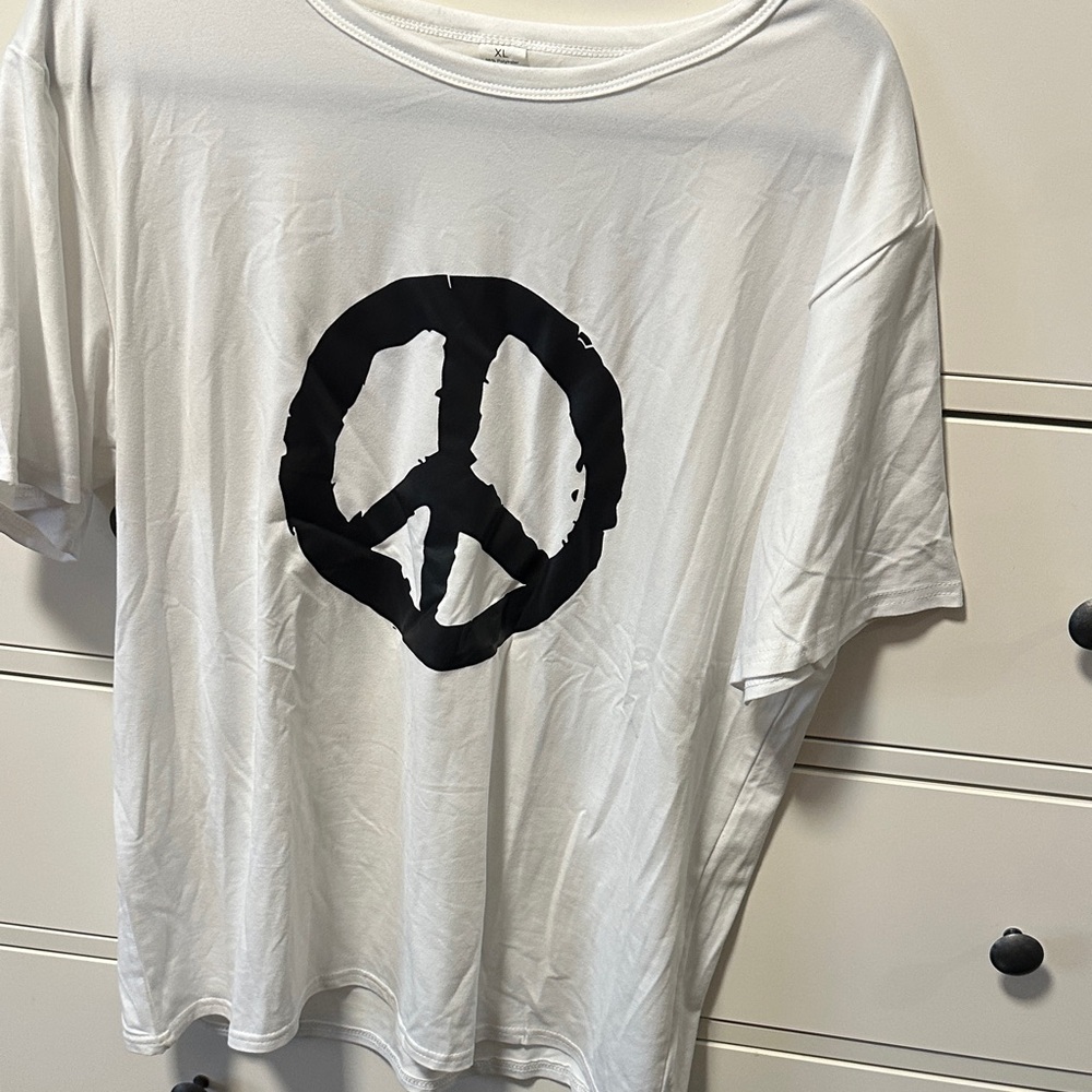 White T-Shirt with Black Peace Symbol